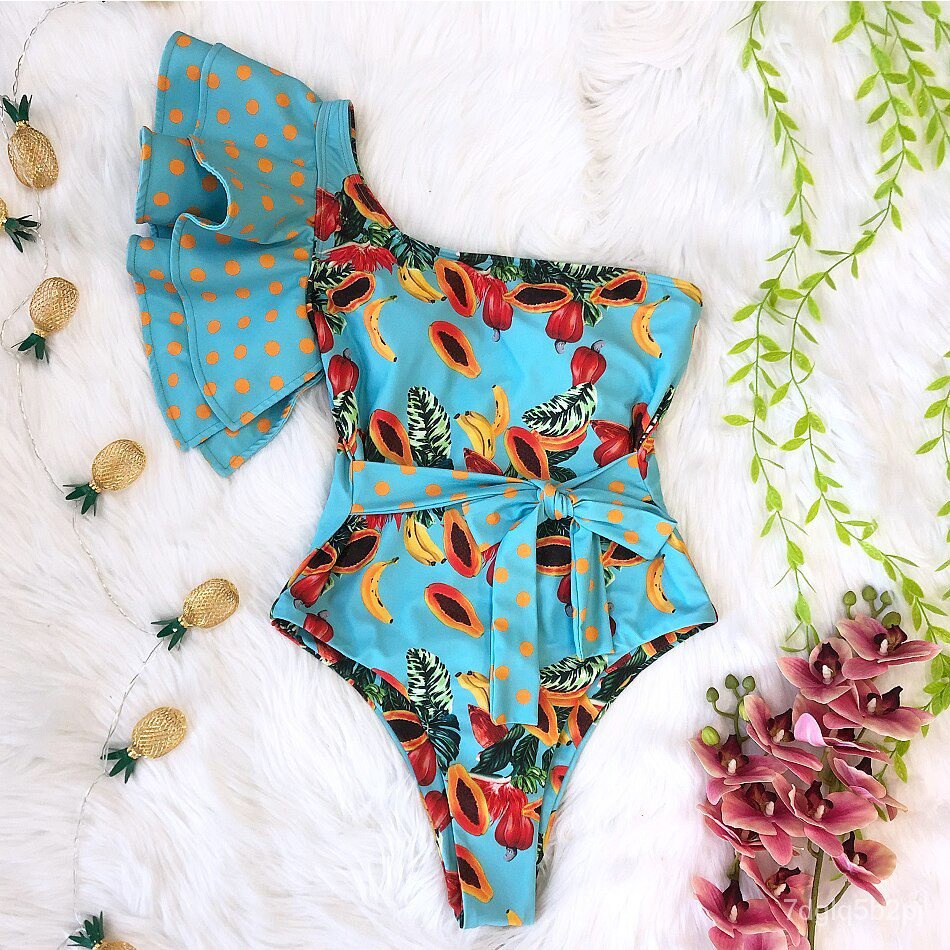 insRuffled Papaya OnePiece Swimsuit Padded Monokini Swimsuit Shopee