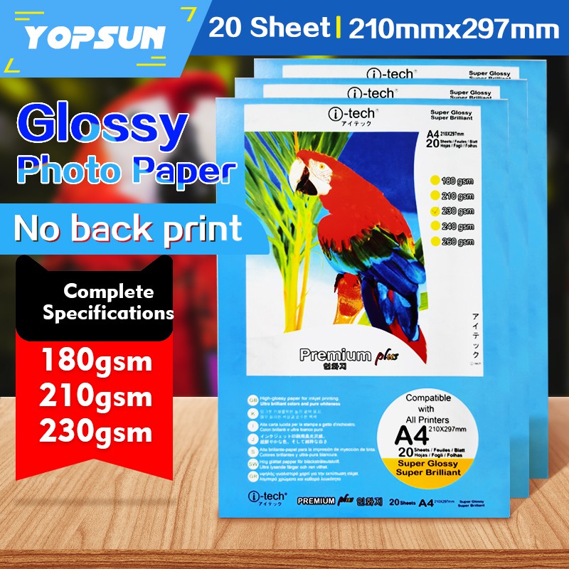 ITech Glossy Photo Paper A4 Size 180gsm 210gsm 230gsm 20Sheets
