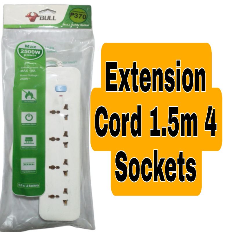 BULL Extension Cord (1.5mtrs) 4 universal outlet socket w/ switch 2500W
