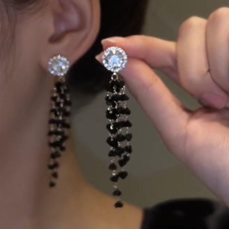 2022 Korean Temperament Black Long Tassel Crystal Earrings Niche Unique