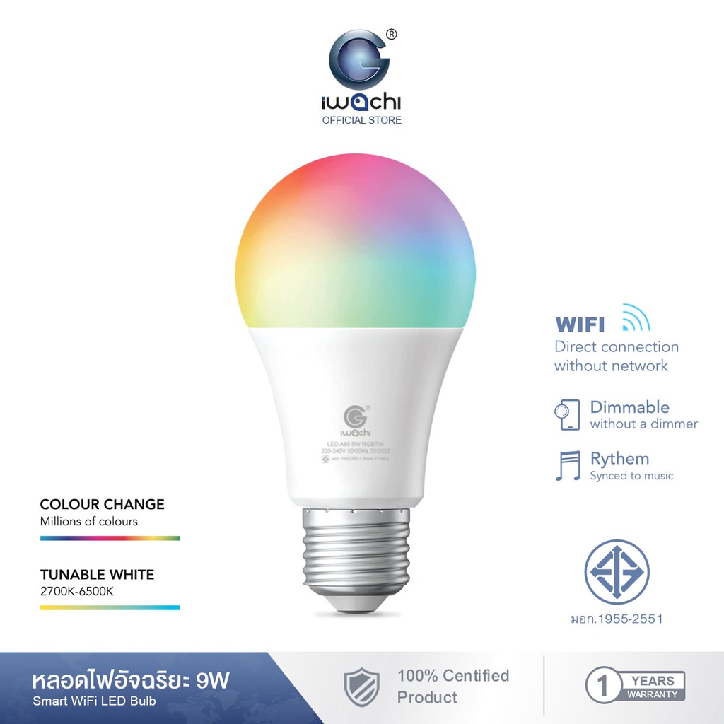 IWACHI Smart LED Bulb WiFi/Bluetooth RGB + CCT E27 Controlled Via APP