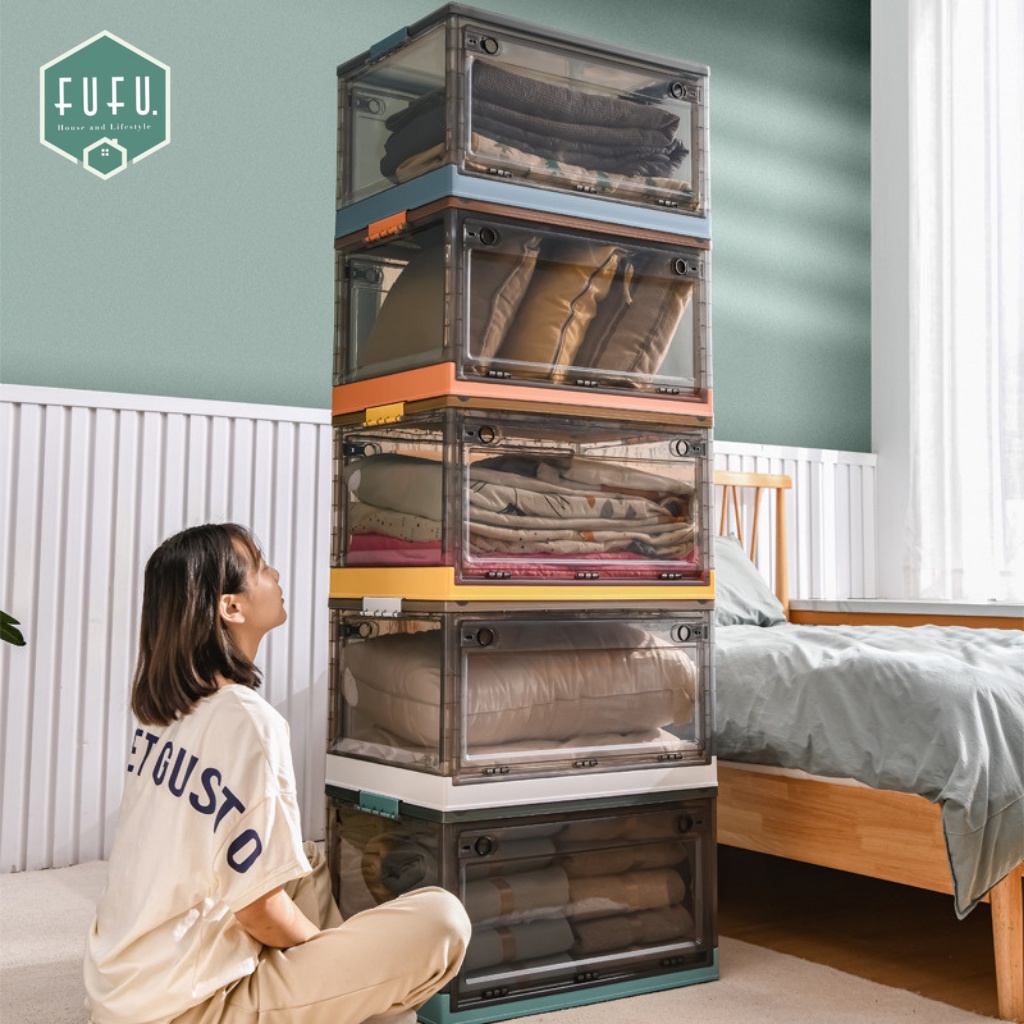 FUFUDOT Box Storage Crate Collapsible With Lid Plastic Foldable