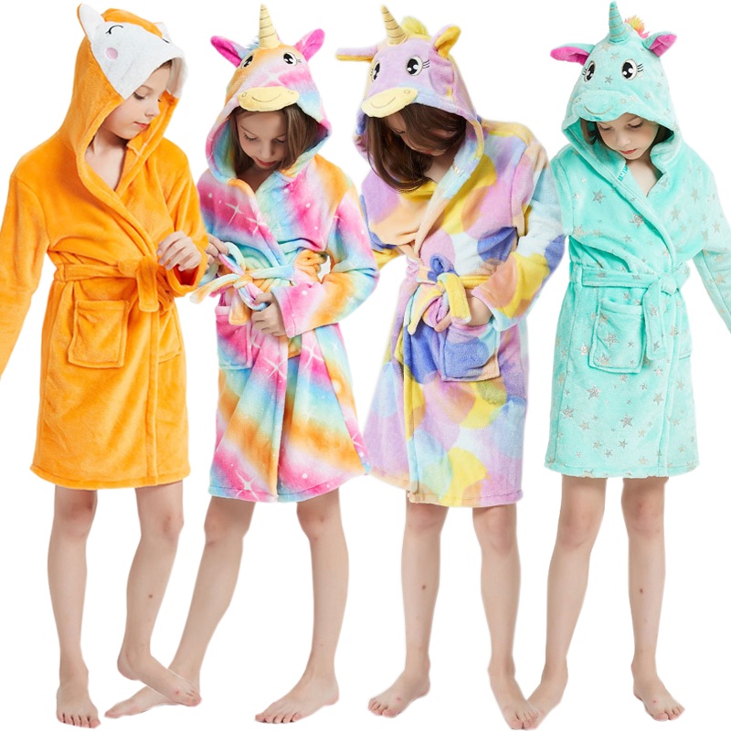 Children Kigurumi Unicorn Hooded Bathrobes Boy Girl Animal Fox Husky