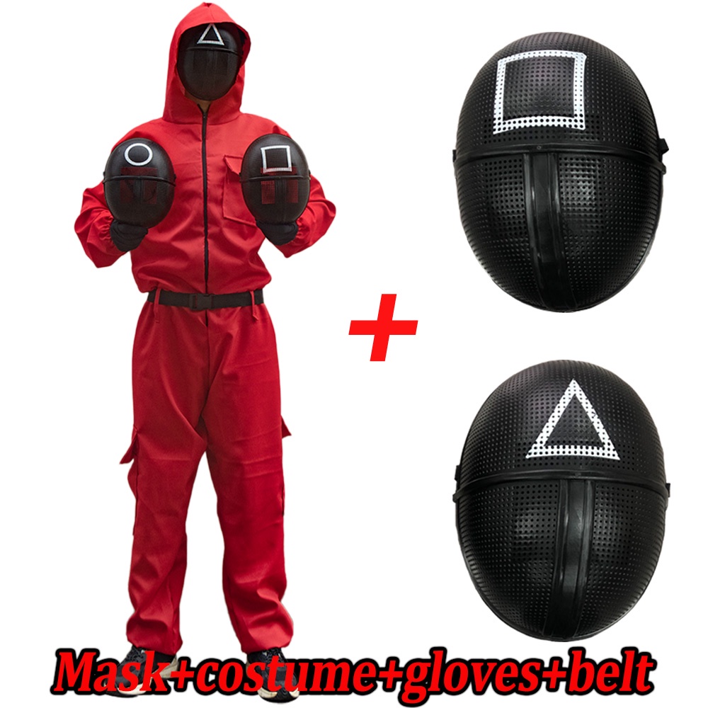 【Ready Stock】Korean Squid Game Clothes Guard Costume Red Jumpsuits Mask