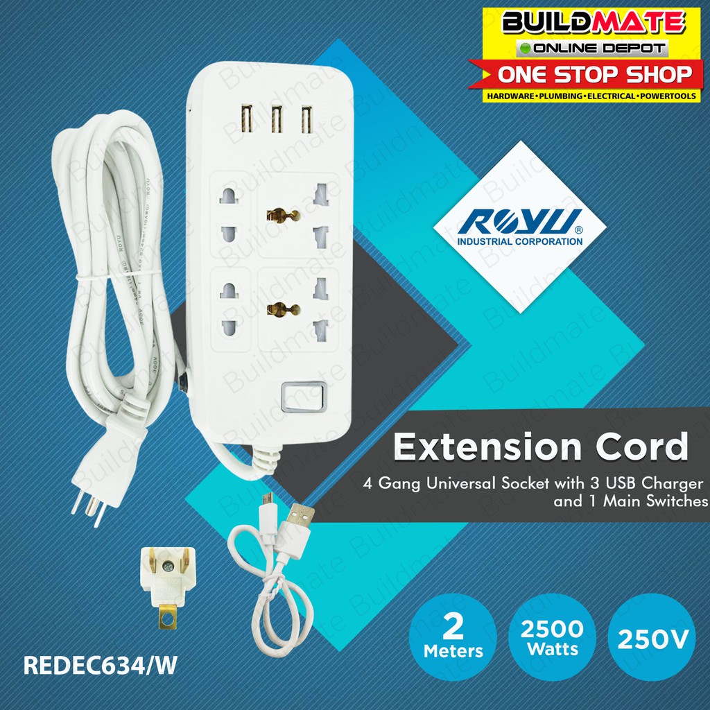 ROYU 4 GANG Extension Cord with 3 USB Ports & Main Switch Power Strip