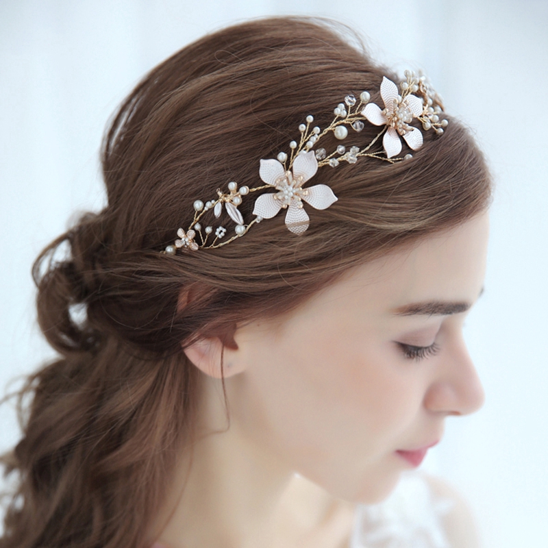 Handmade Flower Headband Decorated with Rhinestones and Pearls Wedding
