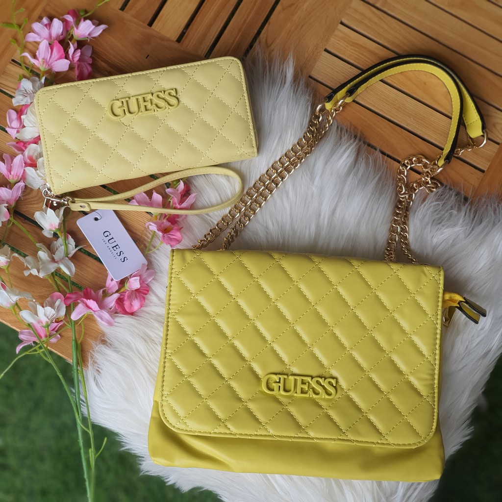 Guess Package Yellow Elliana Quilted Convertible Crossbody Bag in