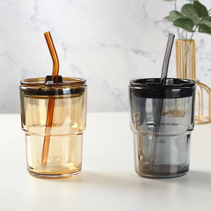 FEA Glass Straw Cup Coffee Mug with Lid Tumbler Hot Cold Milk Tea Cup