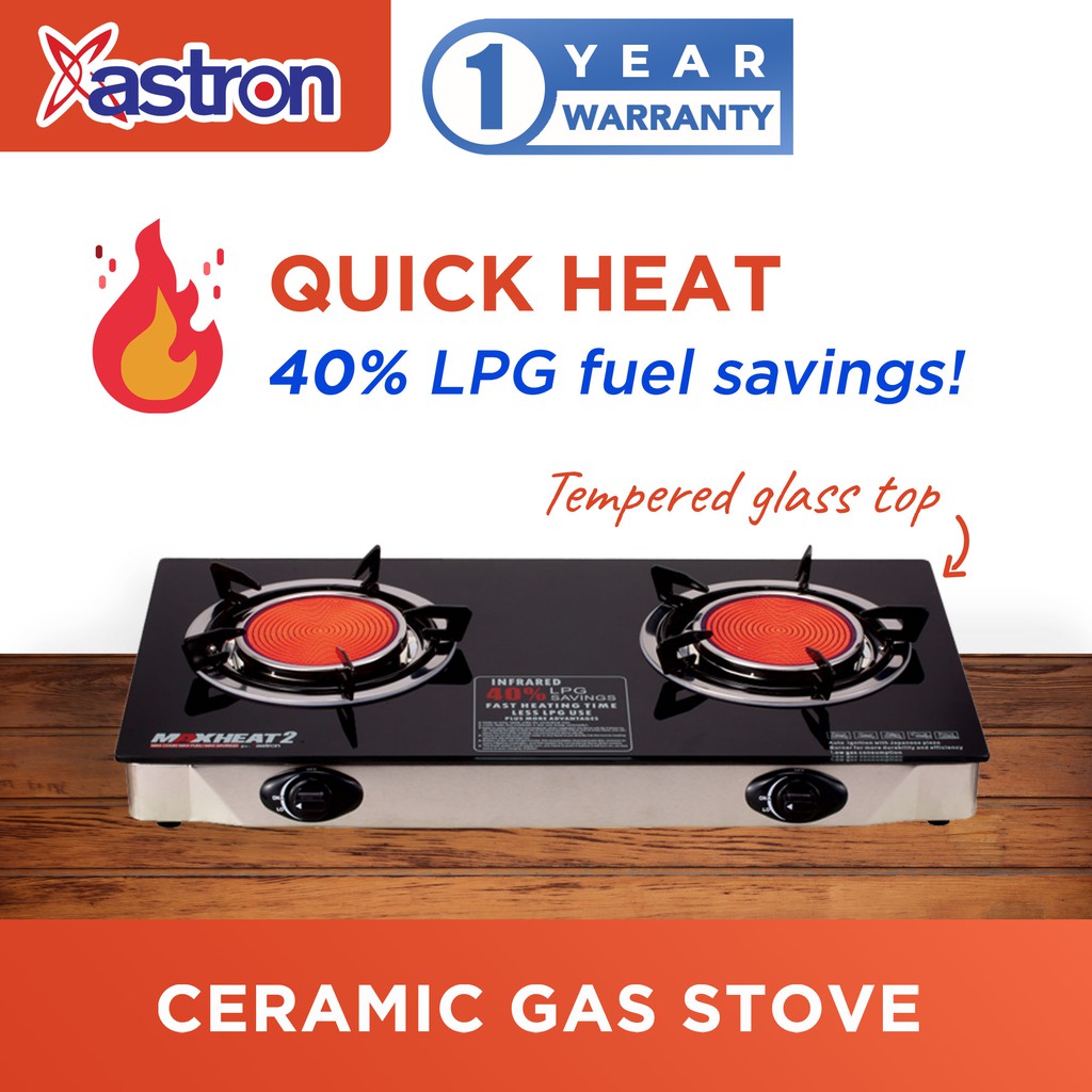 Astron MAXHEAT2 Double Burner Ceramic Gas Stove with Tempered Glass Top