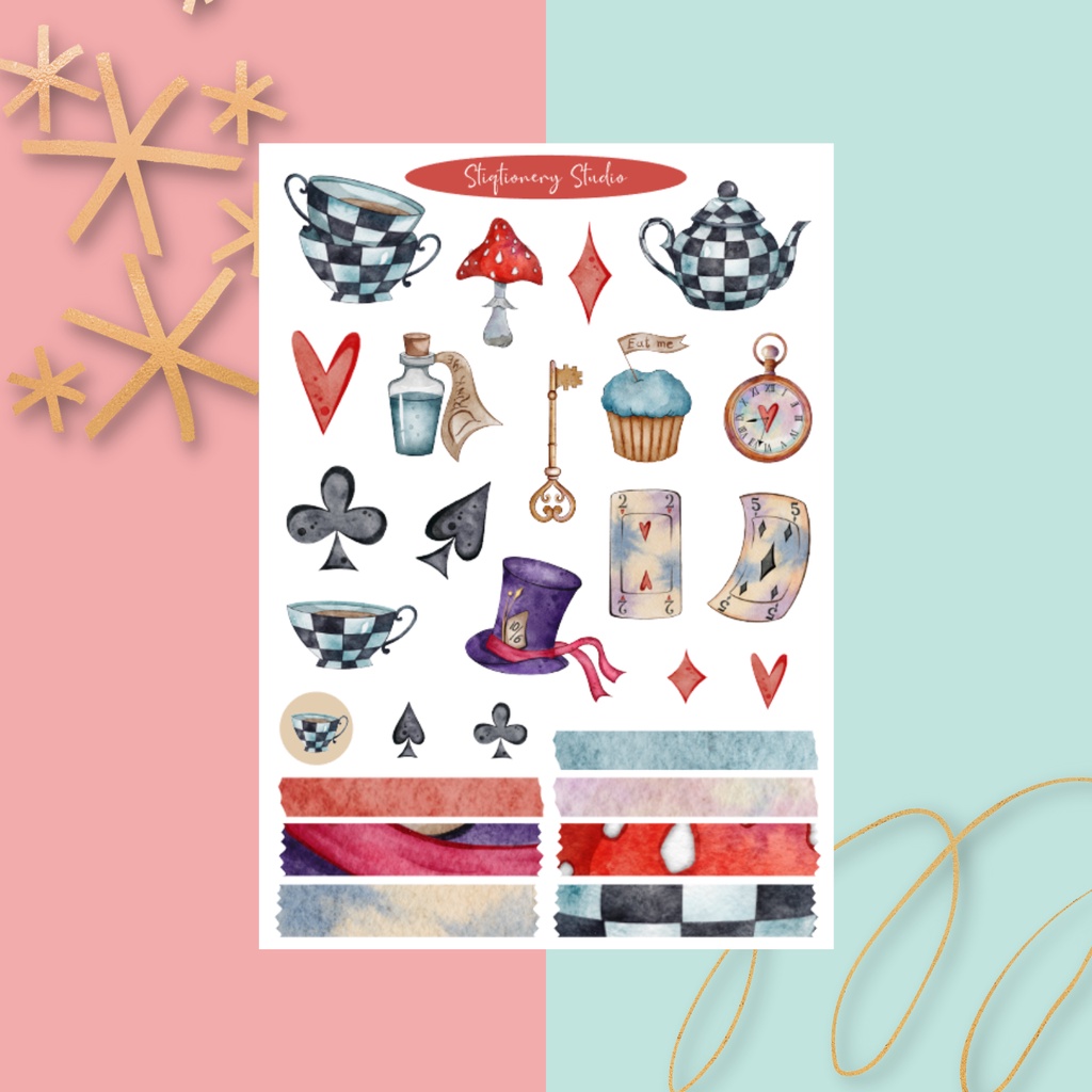 Watercolor Alice in Wonderland Planner Stickers, Fairytale Stickers