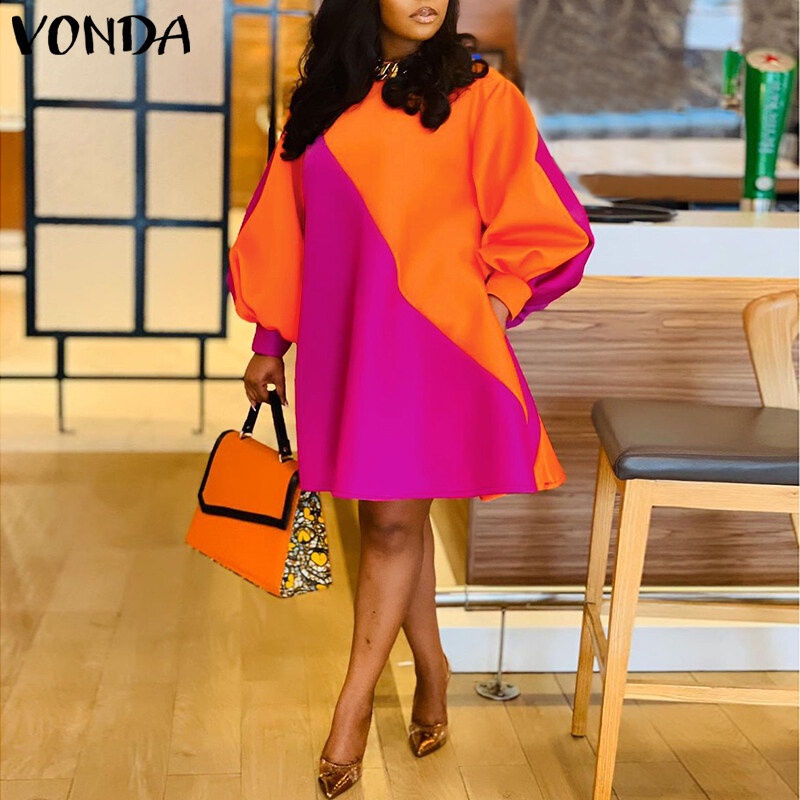 VONDA Orange Women Fashion Patchwork Puff Sleeve Baggy Midi Dresses