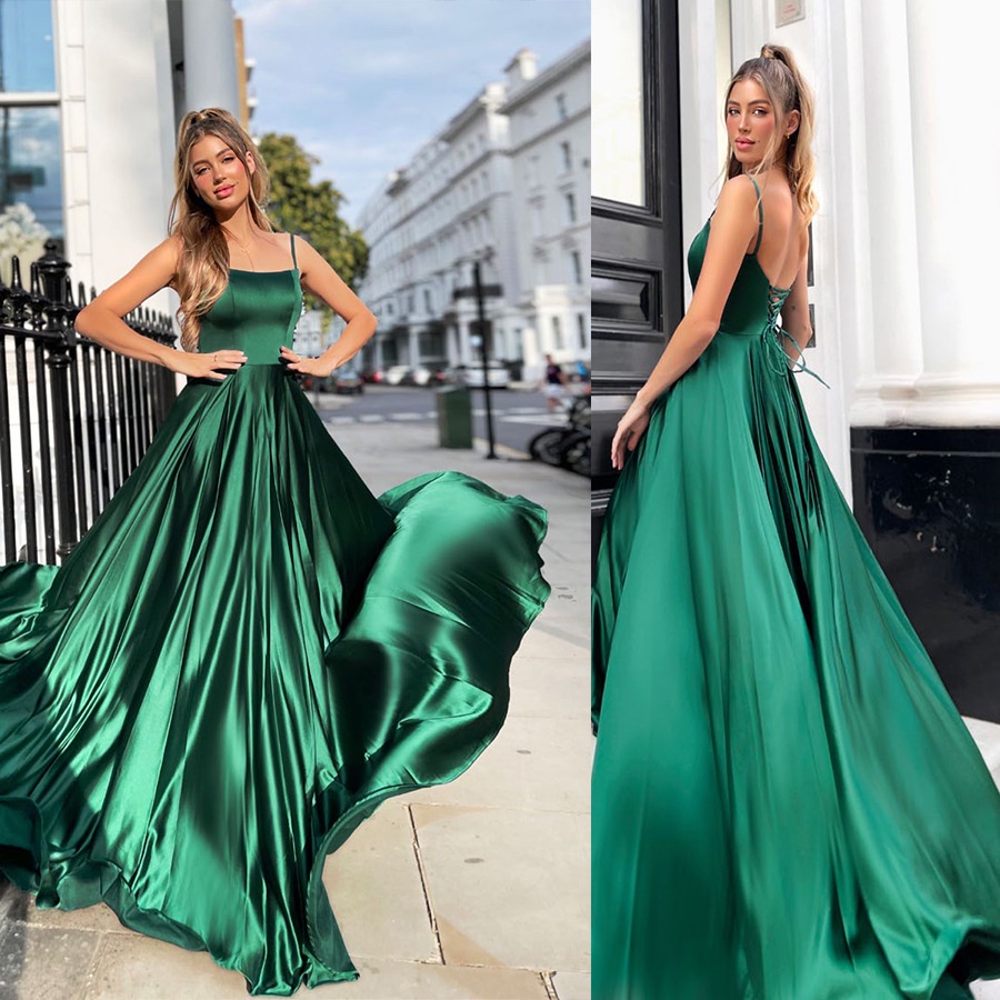ALine Satin Long Prom Dress 2022 New Arrivals Emerald Green Evening