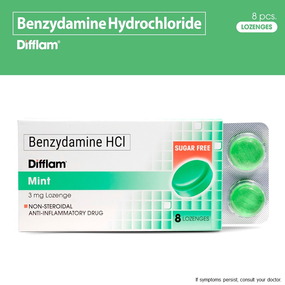 DIFFLAM 1 pack (8 lozanges) Benzydamine HCL 3mg Sugar Free Mint