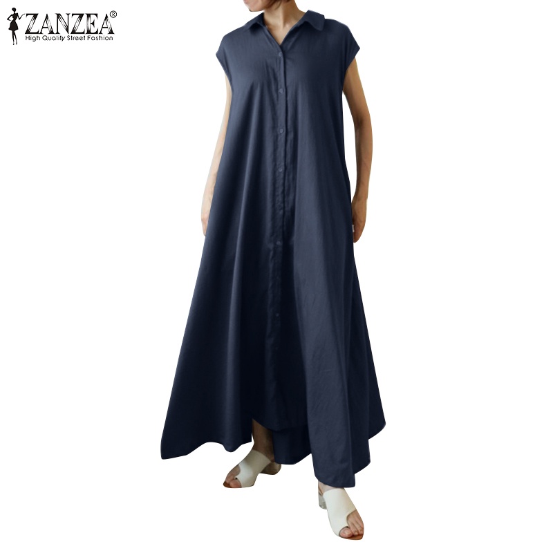ZANZEA Women Casual Loose Solid Short Sleeve Button Down Maxi Shirt