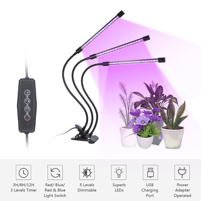 3USED headed LED Plant Growing Light with Adjustable 360° Goosenecks