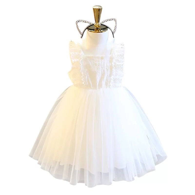 DK Mall Cute Girls Dress Summer Children Floral Sleeveless Dresses Mesh White Applique Girl
