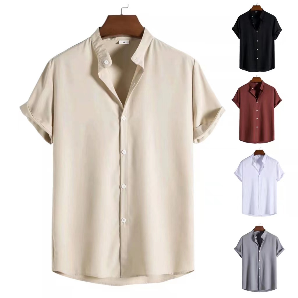 2022 Chinese Collar Polo for Men Long/Short Sleeves Full Buttons Cotton