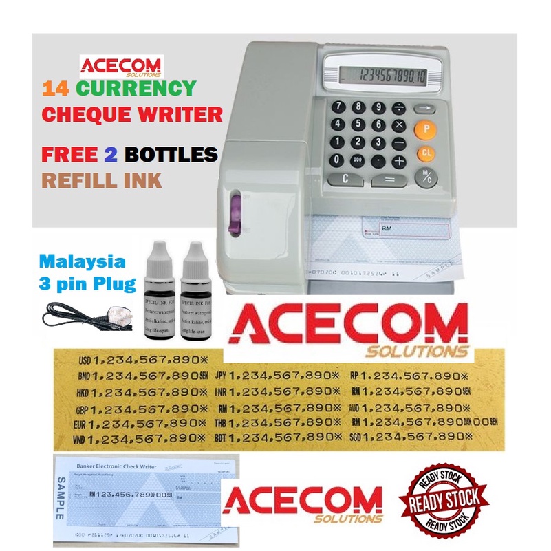 RM SGD Multi Currency 14 Digits Electronic Cheque Writer Printer Chequewriter Checkwriter Mesin