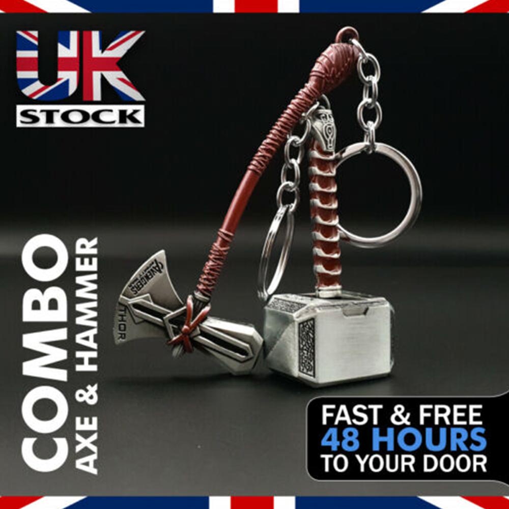 Thor Hammer Mjolnir & Stormbreaker Axe Keyring/Keychain Combo Marvel