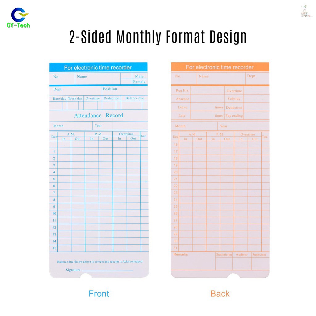 100pcs/ Pack Time Cards Timecards Monthly 2sided for Employee