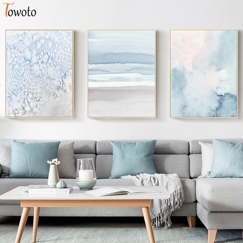 Abstract Canvas Painting Modern Watercolor Print Poster Blue and Gray