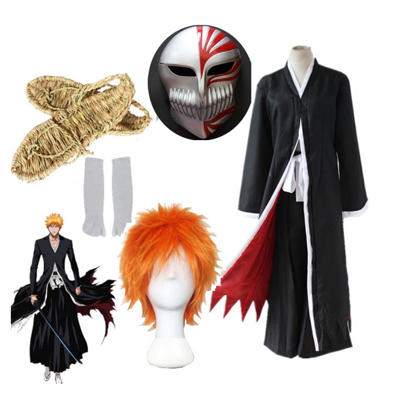 Anime Bleach Cosplay Costumes Ichigo Kurosaki Hollow Mask Men Ichigo Wig Black Cloak With Straw