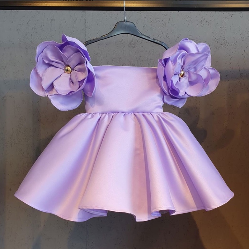 Purple Dress for Kids Girl 7 Years Old Off Shoulder Big Flower Girls Princess Dress Children