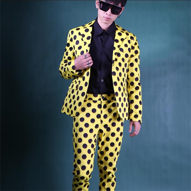 Yellow bla dot blazer men suit set with pants mens suits singer star