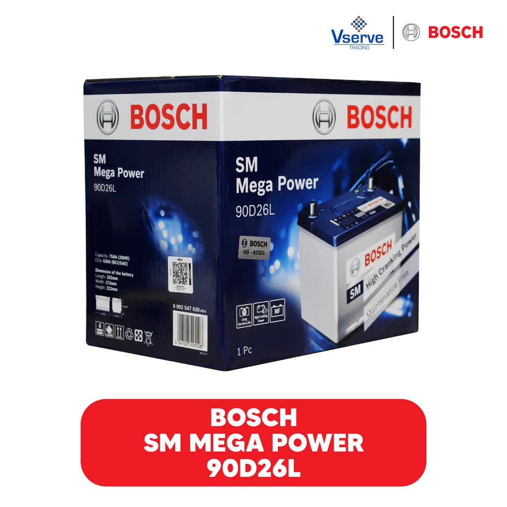 ☬BOSCH CAR BATTERY S4 SM MEGA POWER 90D26L 2SMF 75AH BOSCH AUTOMOTIVE