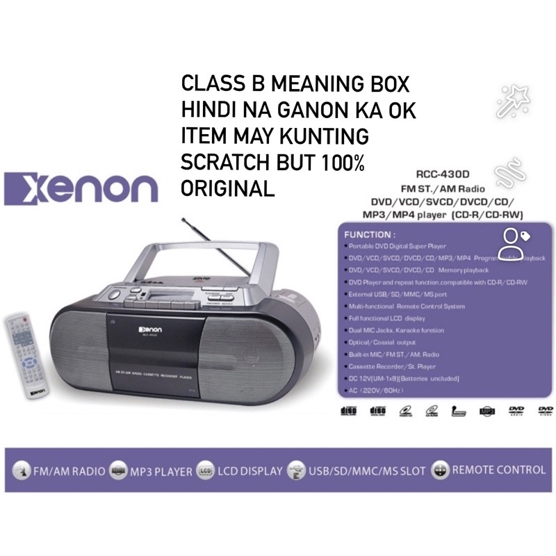 Xenon RCC430D Portable DVD/RADIO/CD/CASSETTE/MP3/MP4 player with USB/SD Slot Class B Shopee