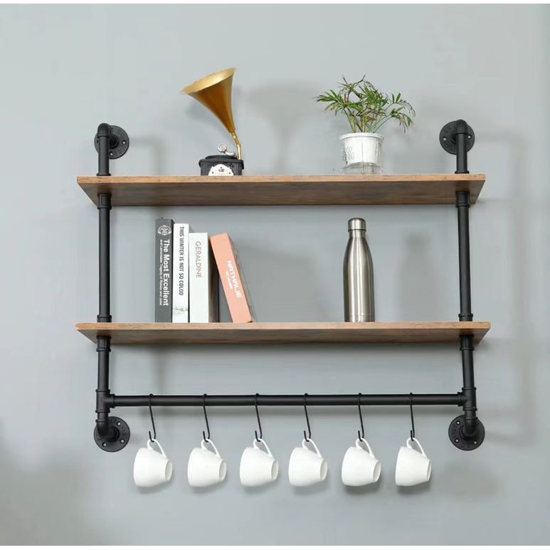 Industrial Pipe Bathroom Floating Shelves with Towel Bar, Farmhouse