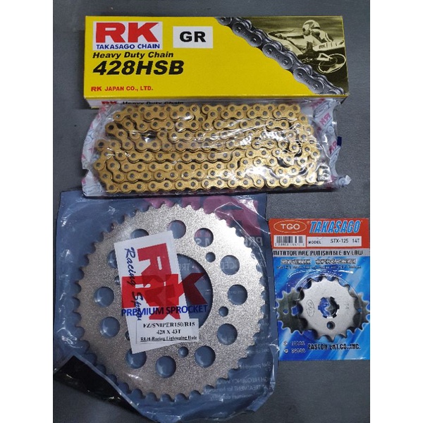 RK STEEL GOLD / SILVER CHAIN SET WITH TAKASOGO ENGINE SPROCKET FOR