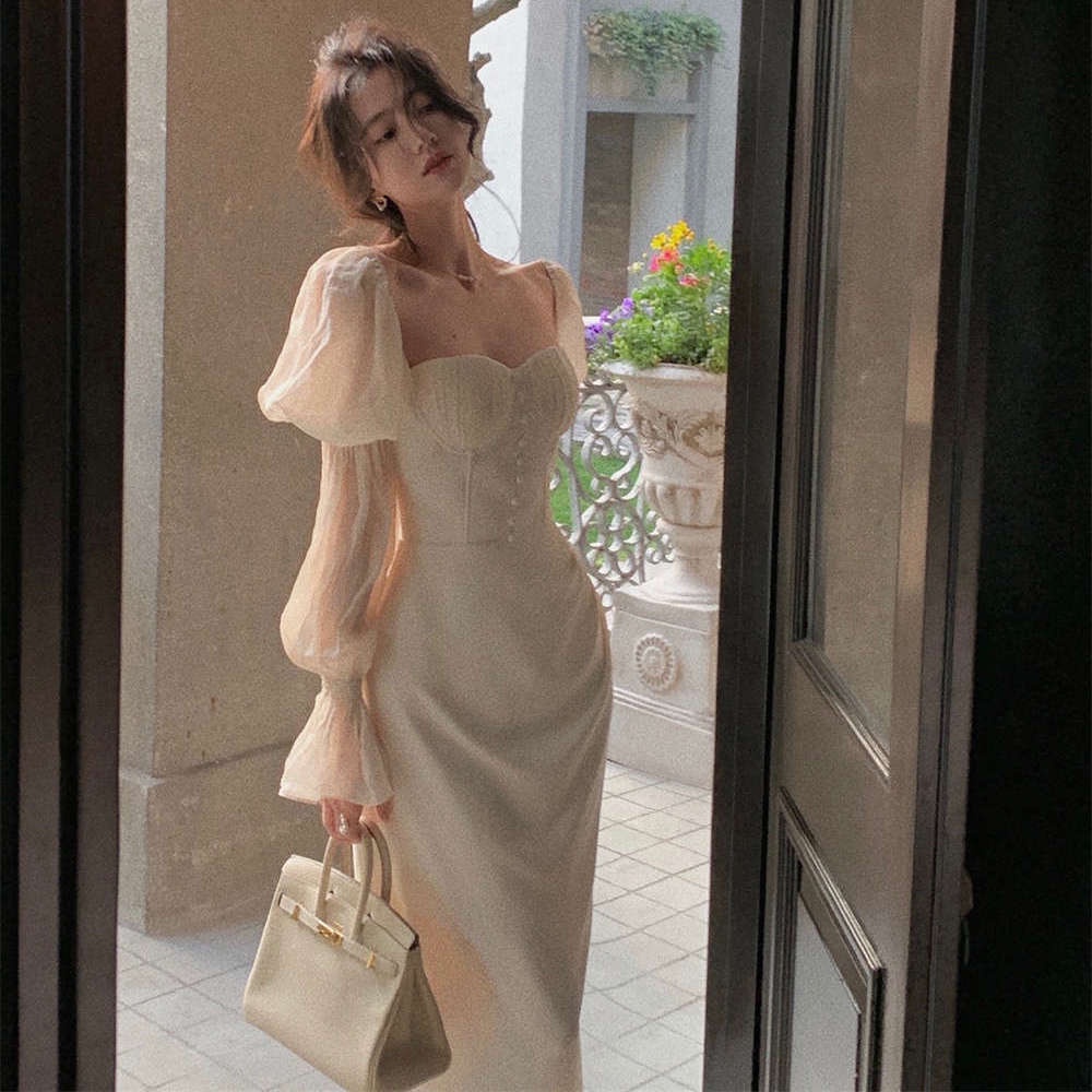 Korean White Black Puff Long Sleeve Graduation Formal Long Dress 22003