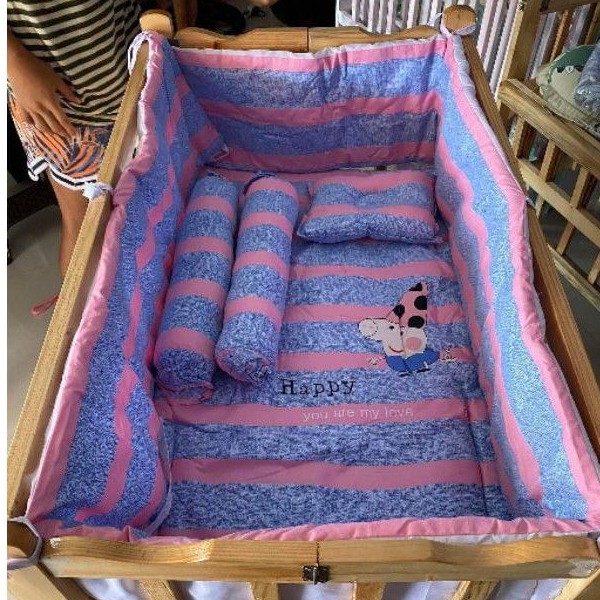 Varnished Adjustable Wooden Crib Makapal with Comforter Set Shopee