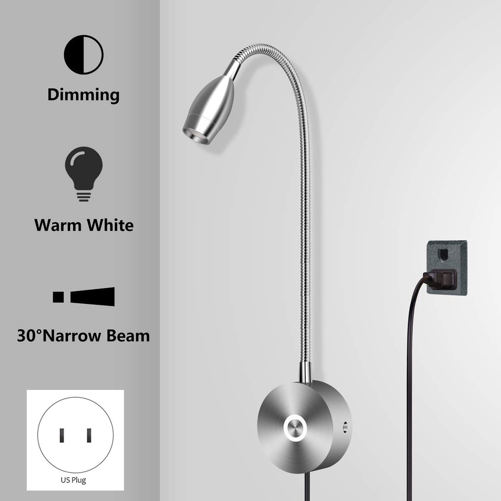 Dimmable Reading Lamp, Bed Lights with Plug Wired for Bedroom Bedside
