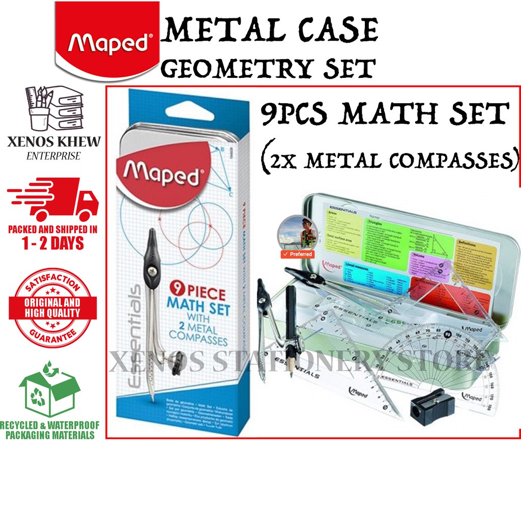 MAPED GEOMETRY MATH Set WITH 2 Metal COMPASSES (METAL TIN SET OF 9