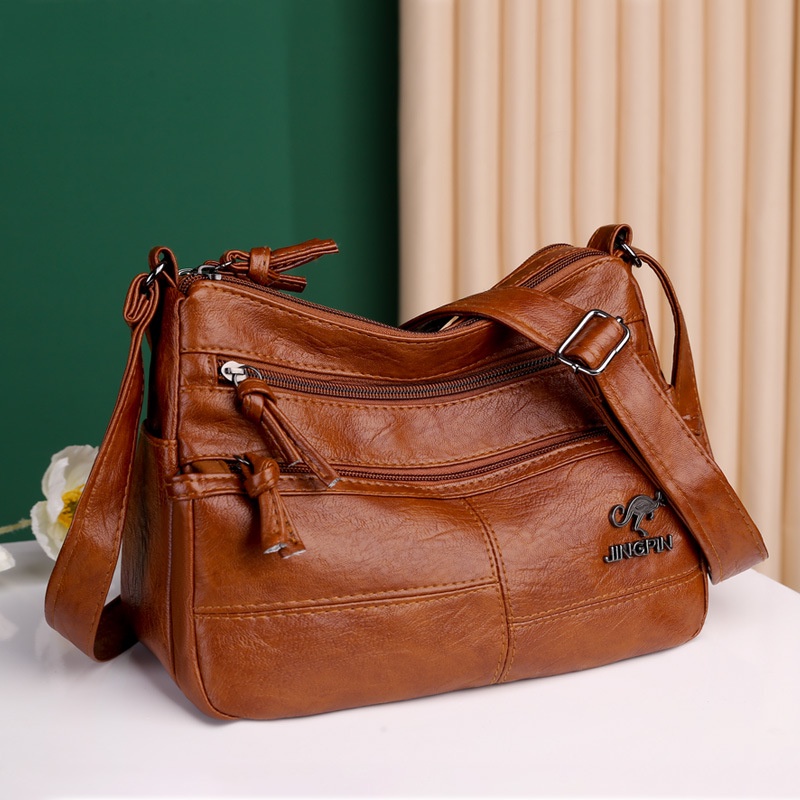 In Stock】Women Messenger Shoulder Bag Leather Fashion Retro Bag Multipocket Large Capacity Bag