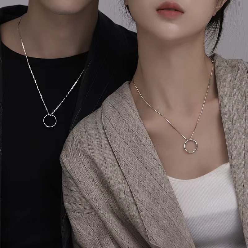 2pcs Couple Necklace silver simple Circle Pendant Necklace couple