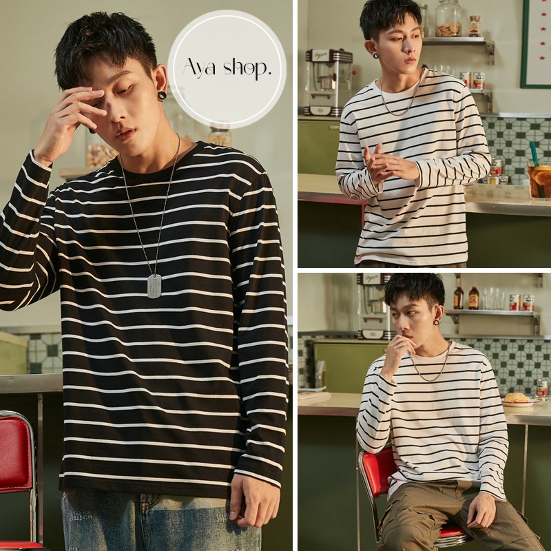 Long Sleeve Men's Striped TShirt Crew Neck (MXL) Shopee Philippines