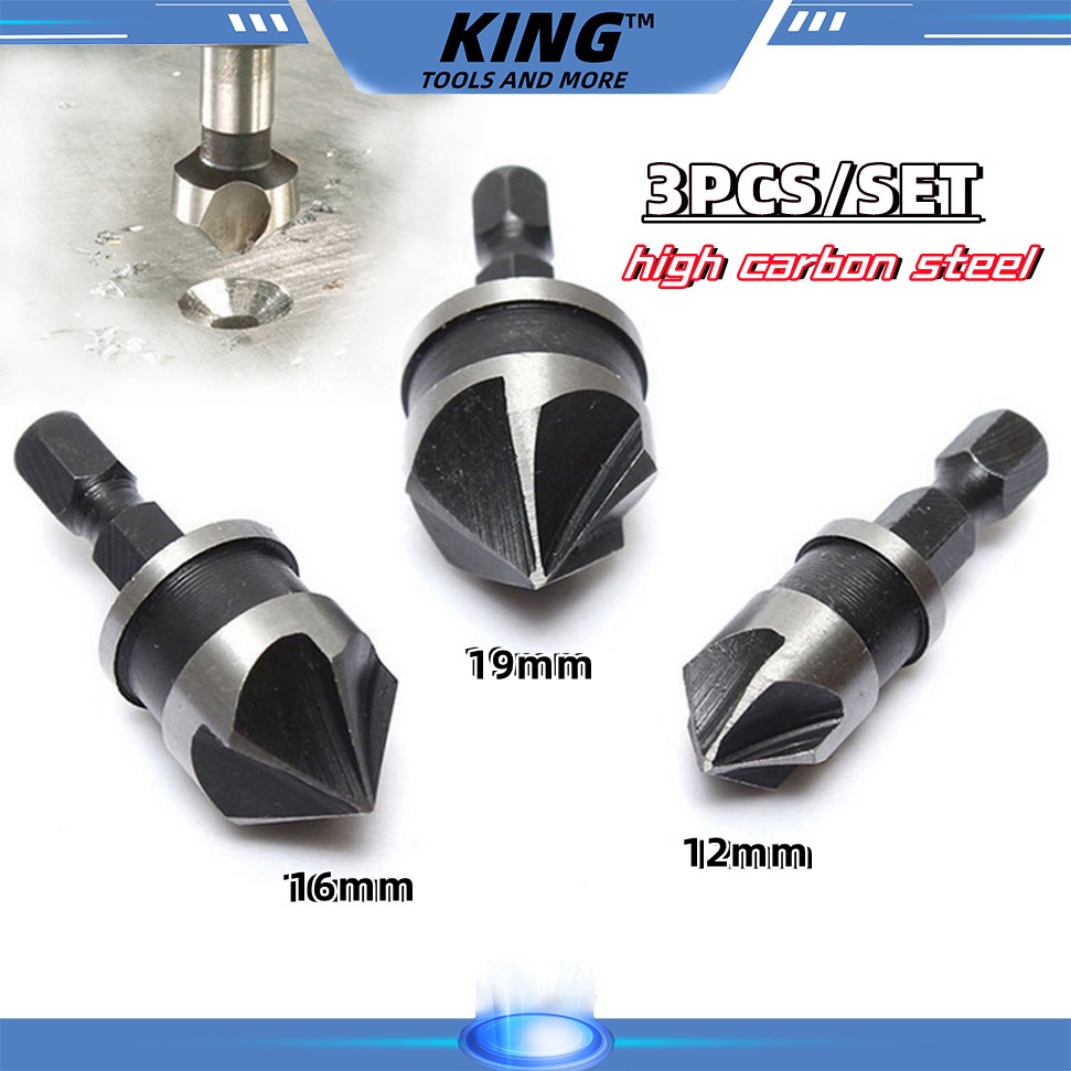 3pcs 1/4'' hex 5 flute countersink drill bit for wood metal quick change set Countersink Boring