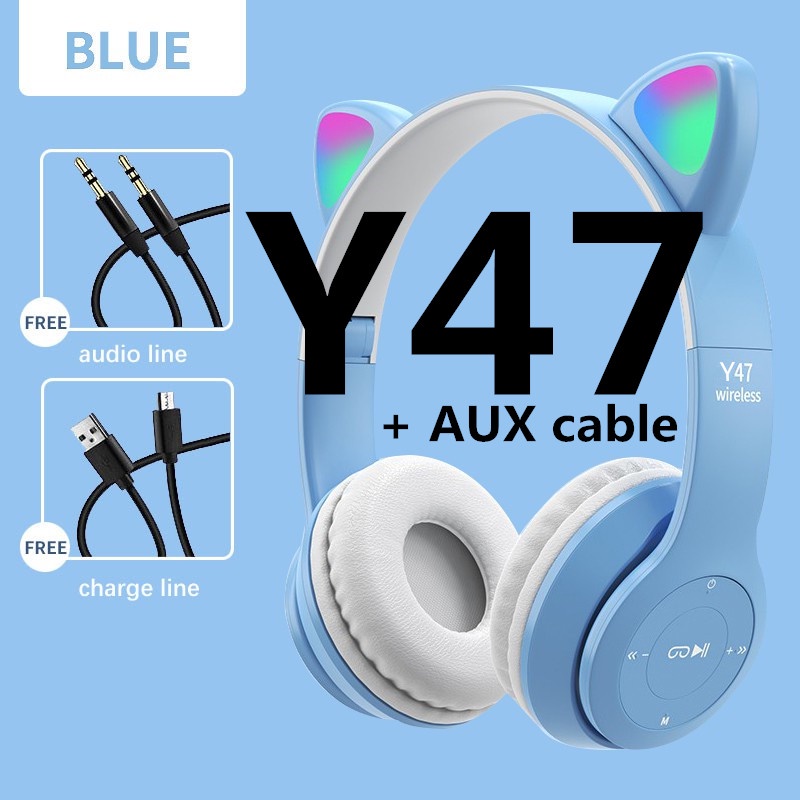 Y47 Wireless Headphones P47m Cat Ear with Mic Bluetooth Headset Cool Glow Light Learning
