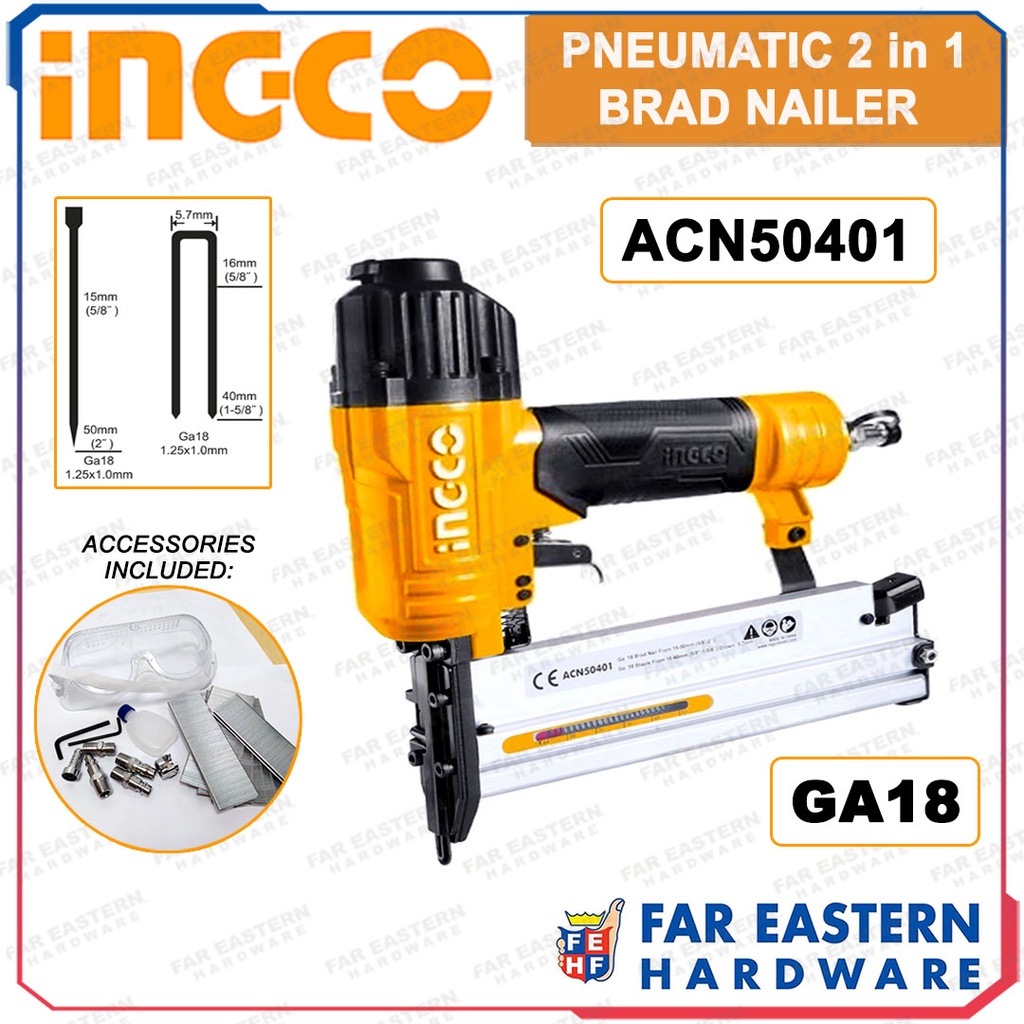 INGCO Pneumatic Air 2 in 1 Brad Nailer Staple Gun Combo GA18 ACN50401