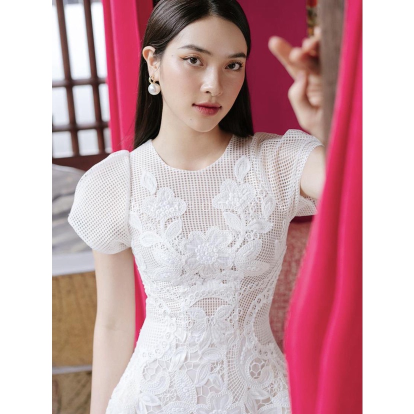 【Vietnamese niche design】2022 summer round neck water soluble flower lace skirt white lace