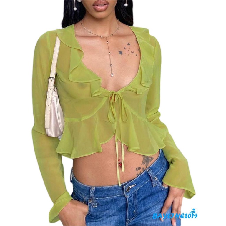 BaylineWomen Sheer Crop Tops, Long Flared Sleeve Deep V Neck Pleated