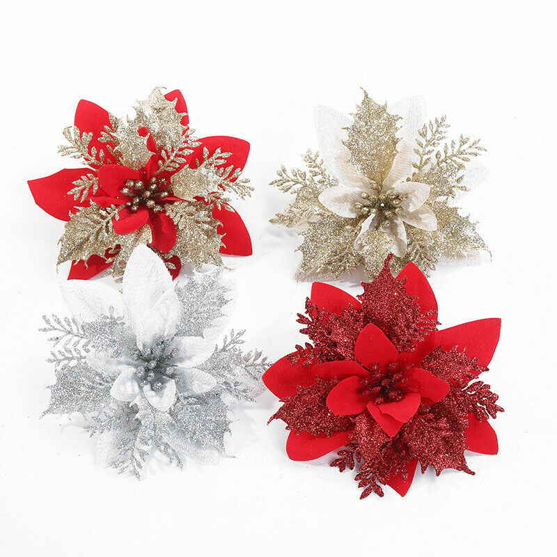 5PCS Artificial Christmas Flowers Glitter Fake Flowers Merry Christmas
