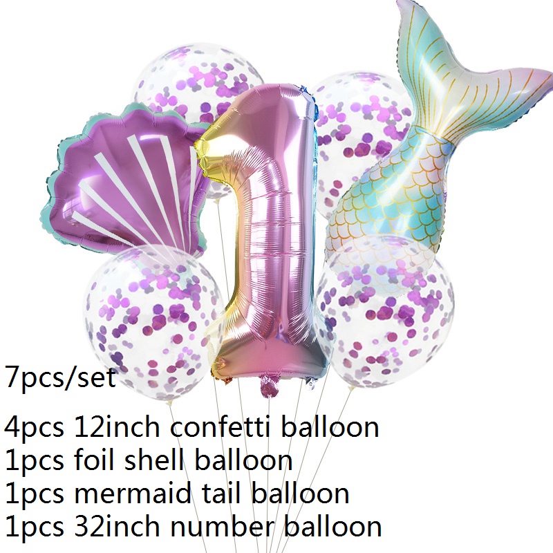 Mermaid Theme Balloons Set With 32"Number Balloons Purple Confetti Pink