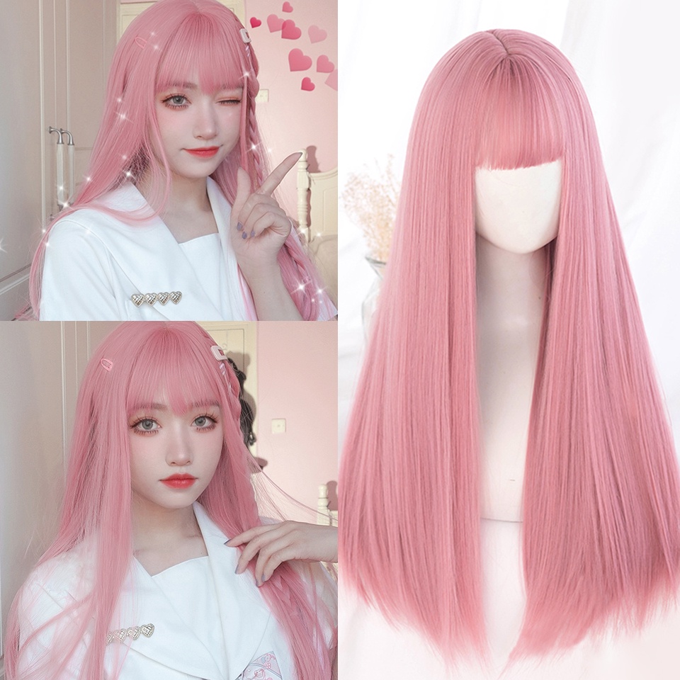 Cosplay Party Long Straight Synthetic Wig with Bangs Light Pink Orange