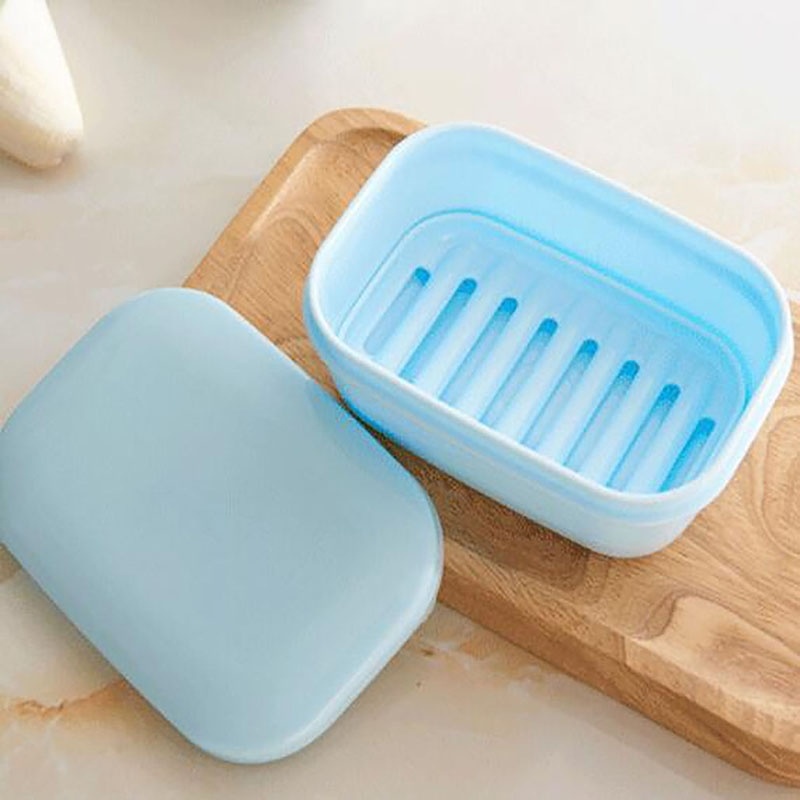 (r9p) Portable Rectangle Soap Box with Drain Layer & Lid Elegant Soap
