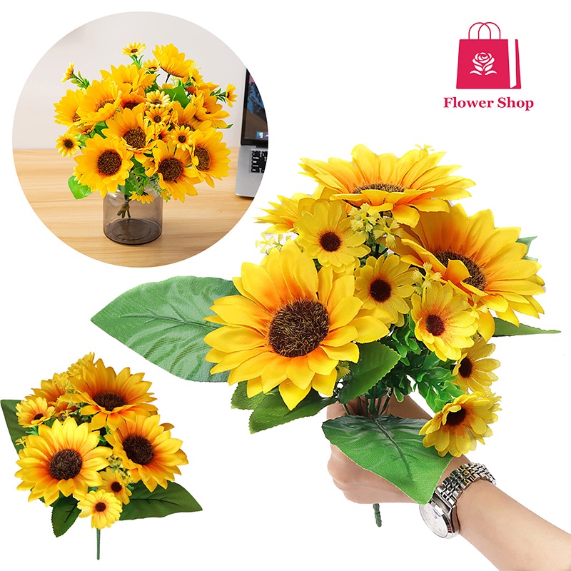 13 Heads Large Sunflowers Artificial Flowers Long Stems Fake Silk