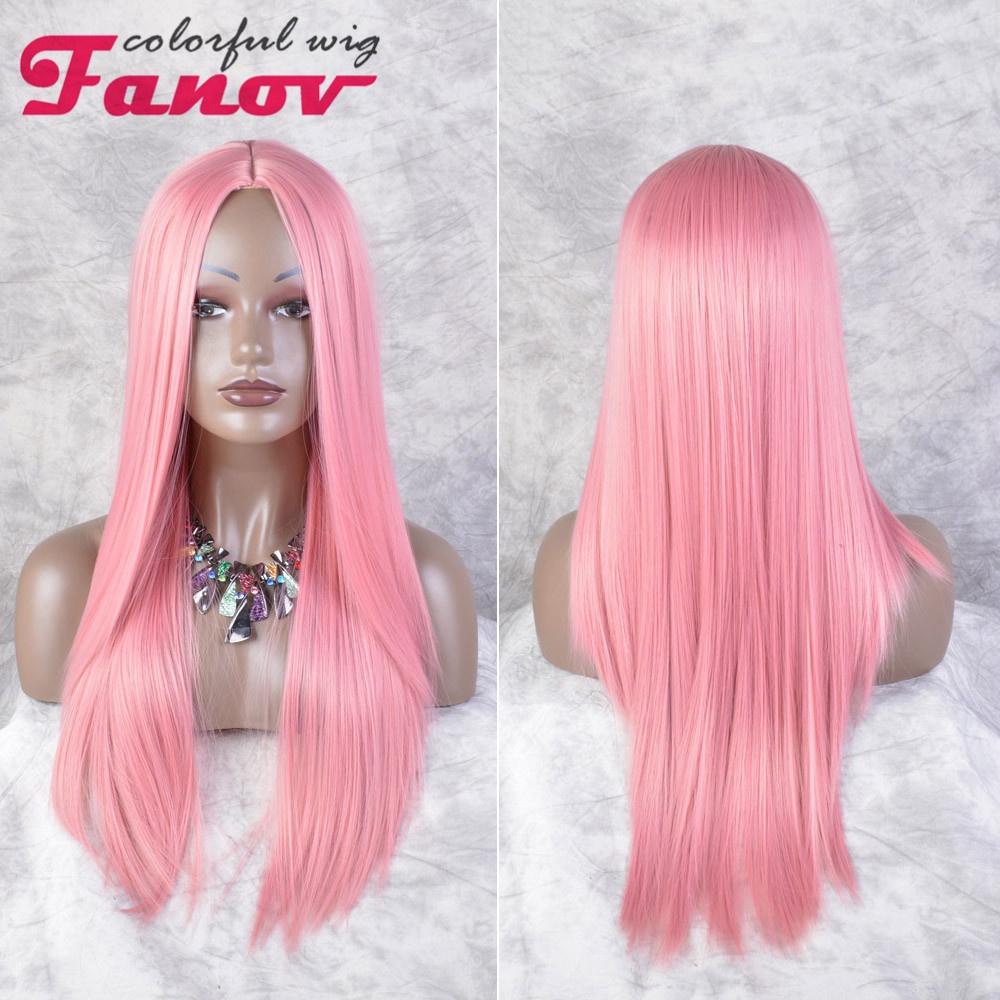 Fanov Long Pink Straight Wig Synthetic Hair With Bangs Black Ombre 613